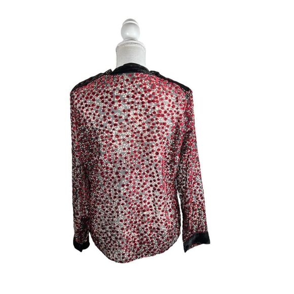 The Kooples Paris Black Semi Sheer Velvet Red Cherry Blossom Blouse - Picture 7 of 10